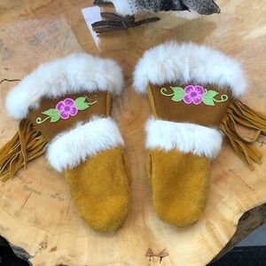 Genuine moose hide rabbit fur trim floral beaded gauntlets